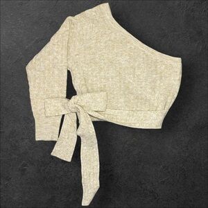 Le Lis Beige Off-Shoulder Sweater with Tie Detail